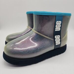 UGG Classic Clear Mini II Boots Youth Girls Size 2 Blue Iridescent Waterproof